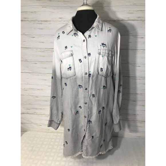 billy t Tops - BILLY T LARGE Womens Long Button Shirt 100% LYOCELL Embroidered PUG DOG Hearts